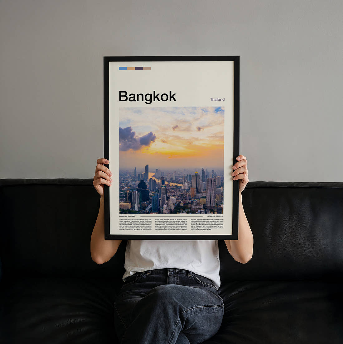 Bangkok Skyline At Sunset Travel Print held up by hand to show the size of the print