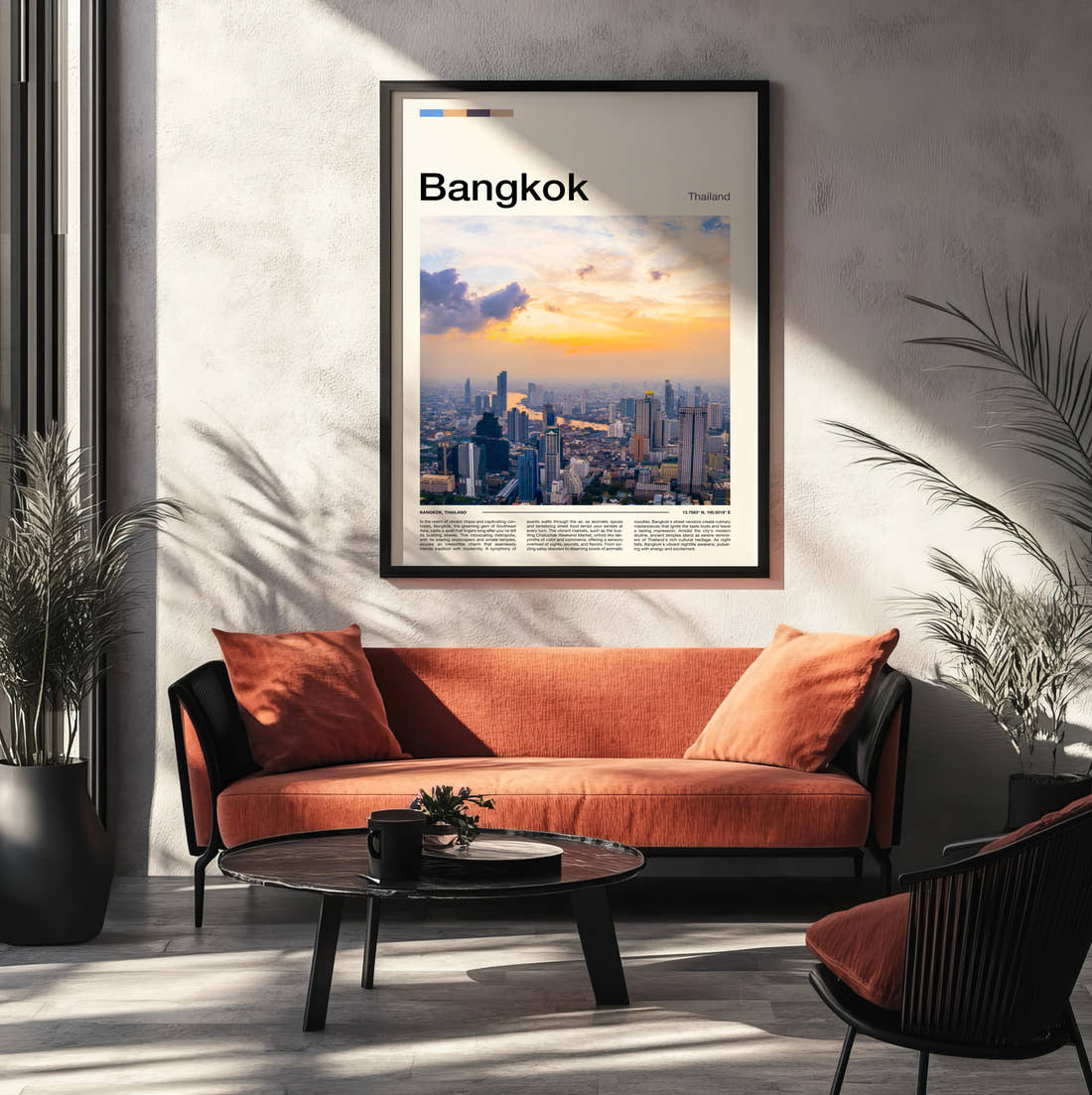 Bangkok Skyline At Sunset Travel Print framed on the wall of a modern living room