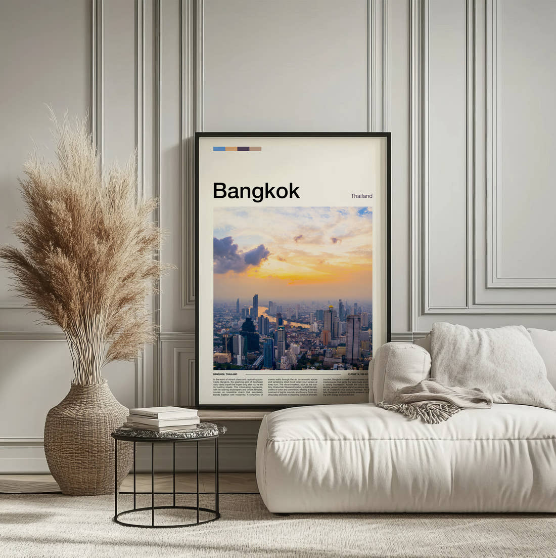 Bangkok Skyline At Sunset Travel Print framed on the wall of a calm, neutral bedroom