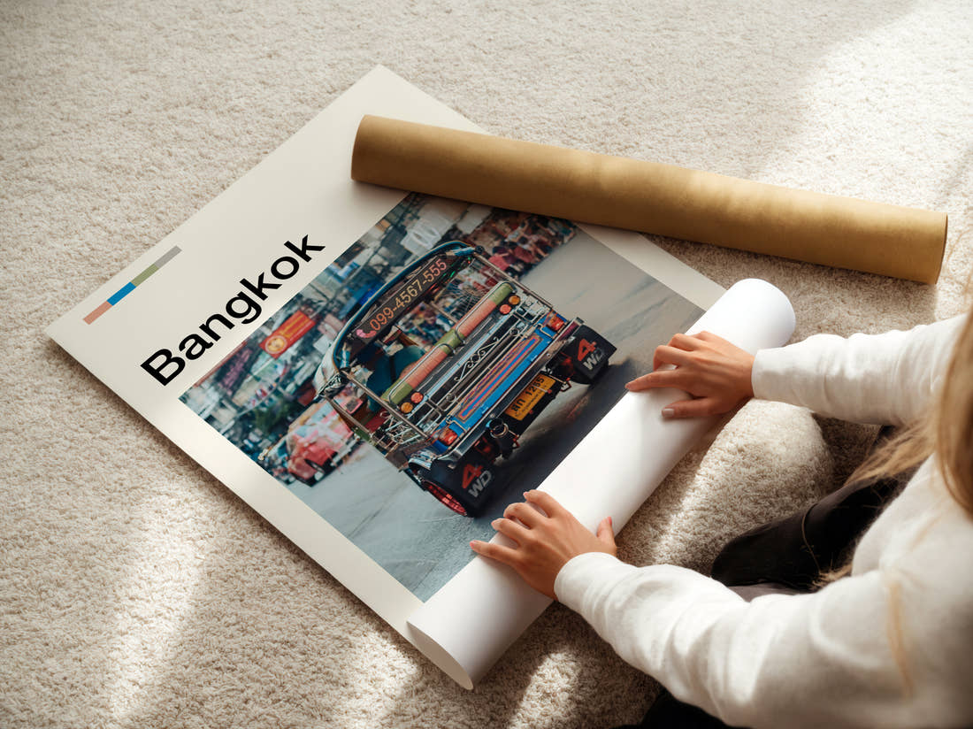 Bangkok Tuk-Tuk Travel Print being unrolled from its postal tube