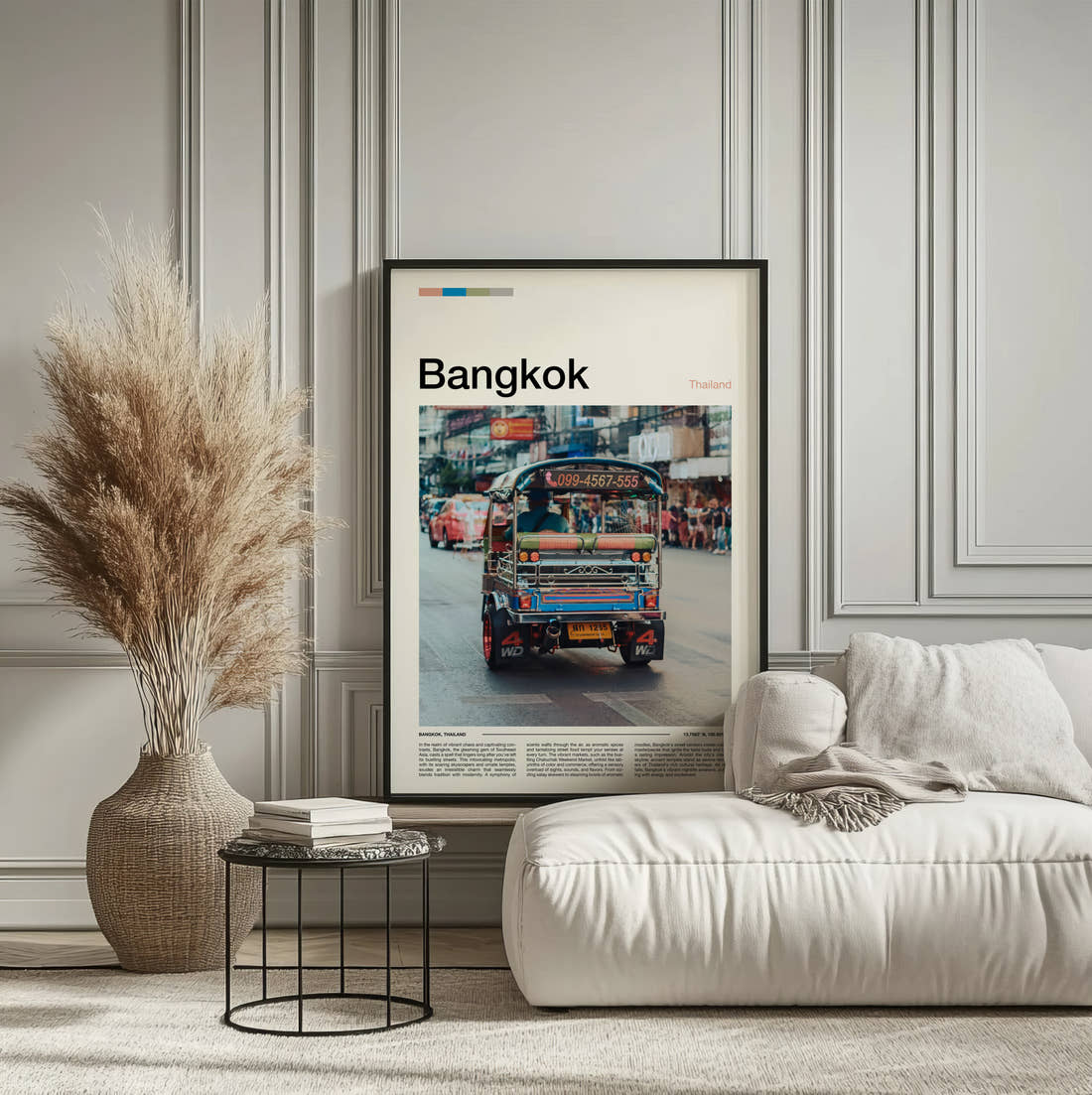 Bangkok Tuk-Tuk Travel Print framed on the wall of a calm, neutral bedroom