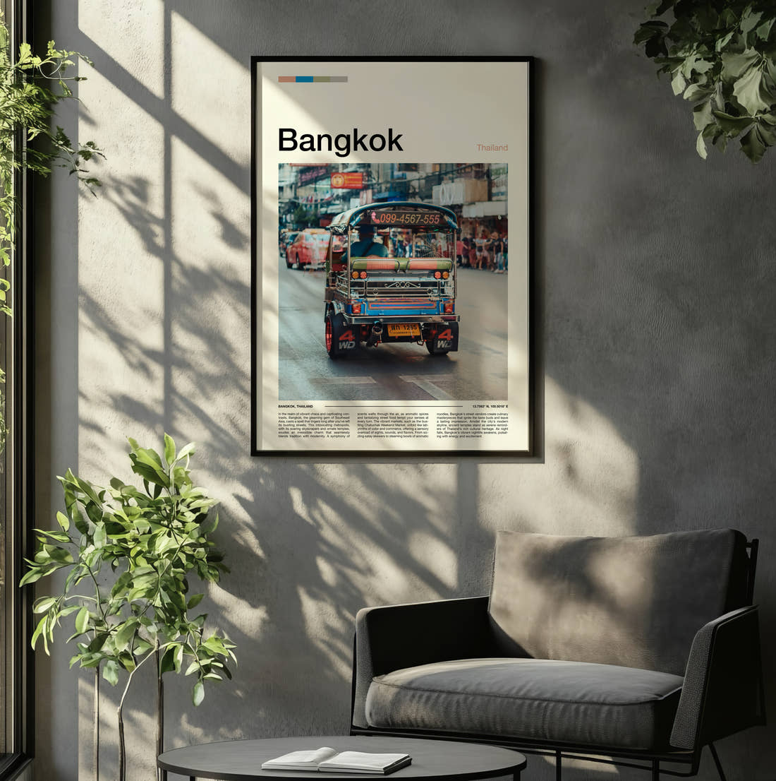 Bangkok Tuk-Tuk Travel Print framed on the wall of a relaxed living room