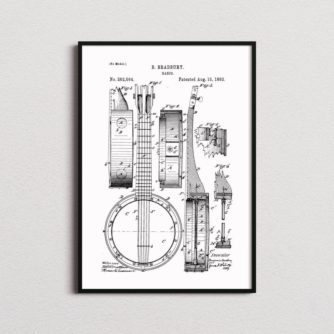 Banjo Patent Print in the white colourway, framed