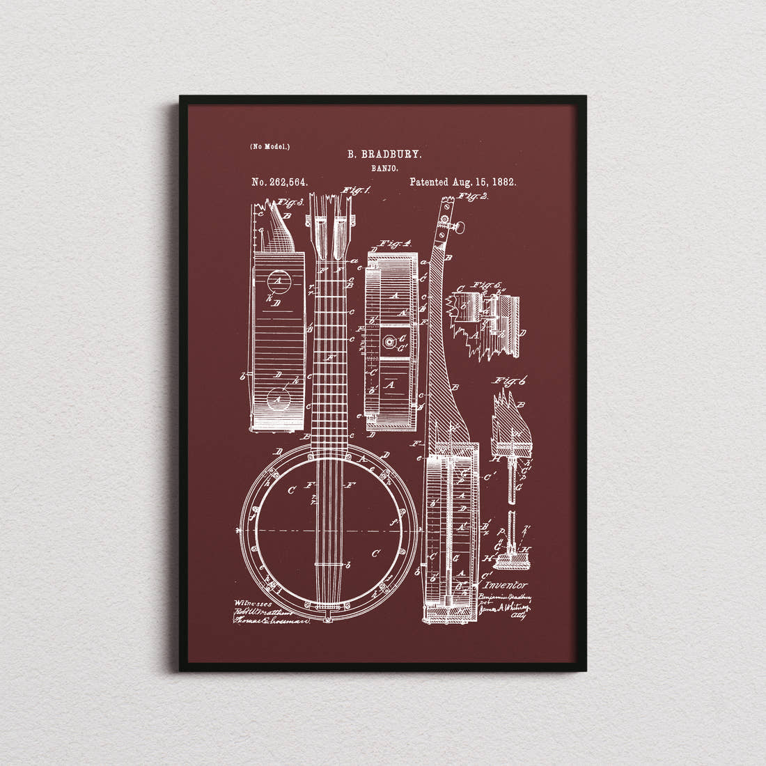 Banjo Patent Print in the burgundy colourway, framed