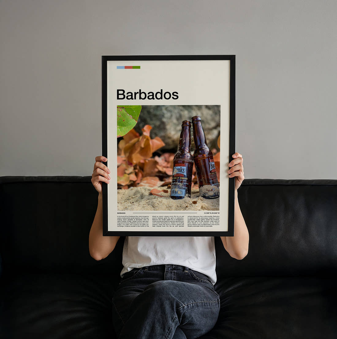 Barbados Beer Bottles On Sand Travel Print held up by hand to show the size of the print