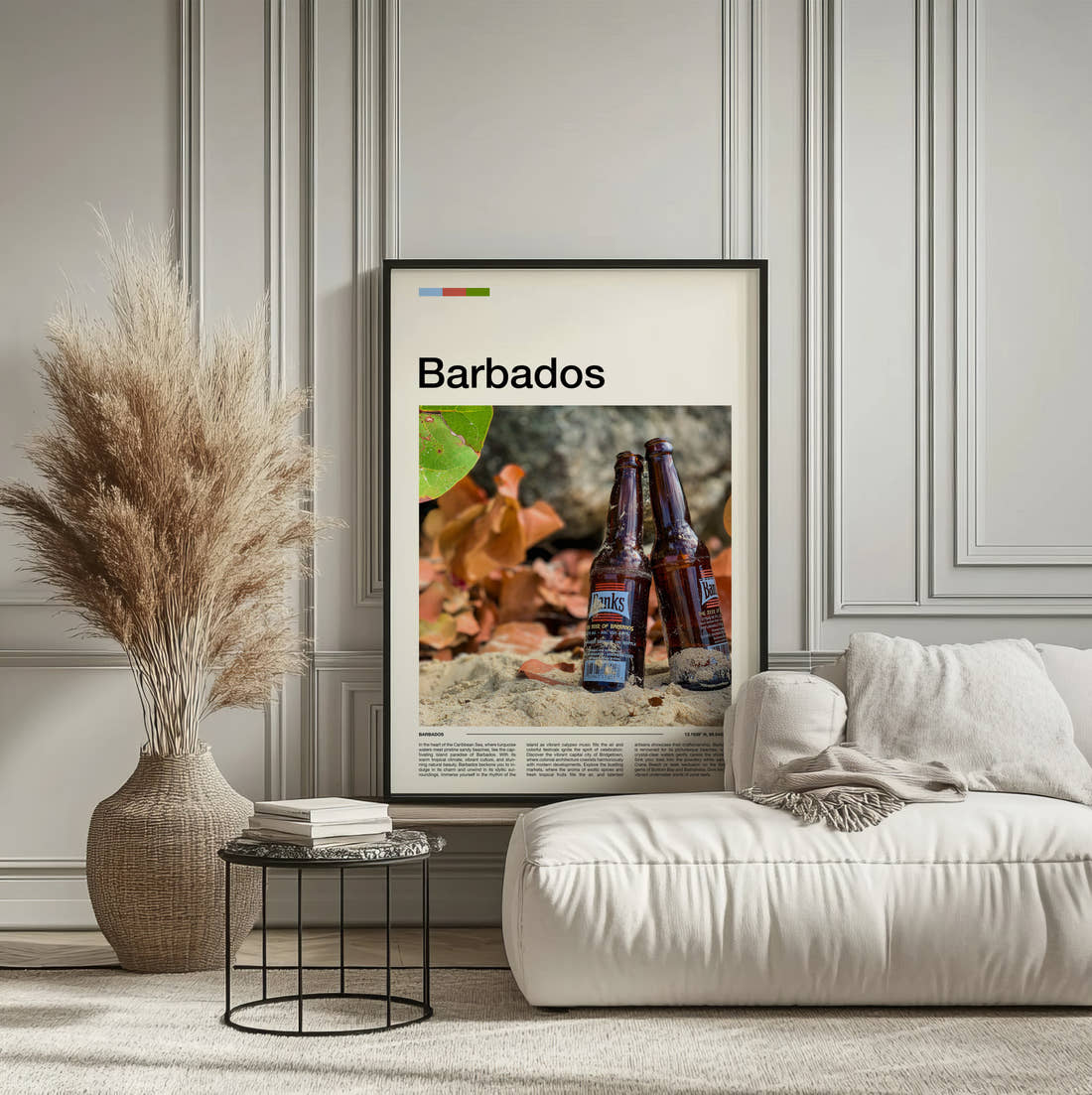 Barbados Beer Bottles On Sand Travel Print framed on the wall of a calm, neutral bedroom