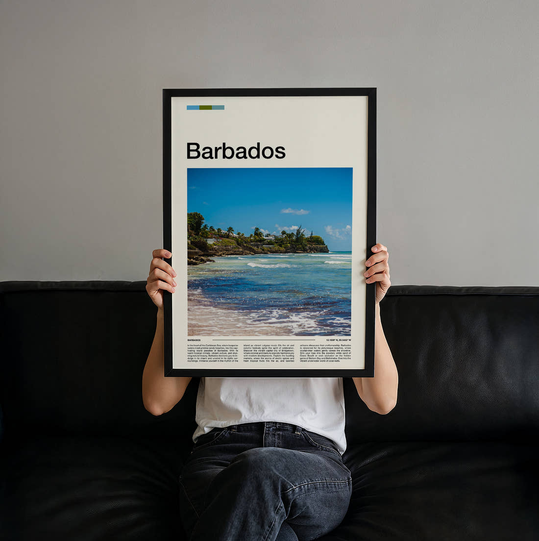 Barbados Rocky Coastline Travel Print held up by hand to show the size of the print
