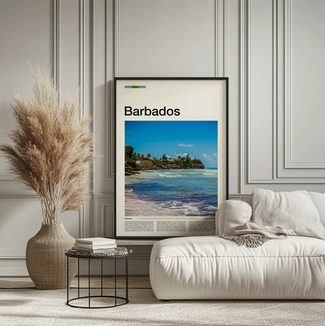 Barbados Rocky Coastline Travel Print framed on the wall of a calm, neutral bedroom