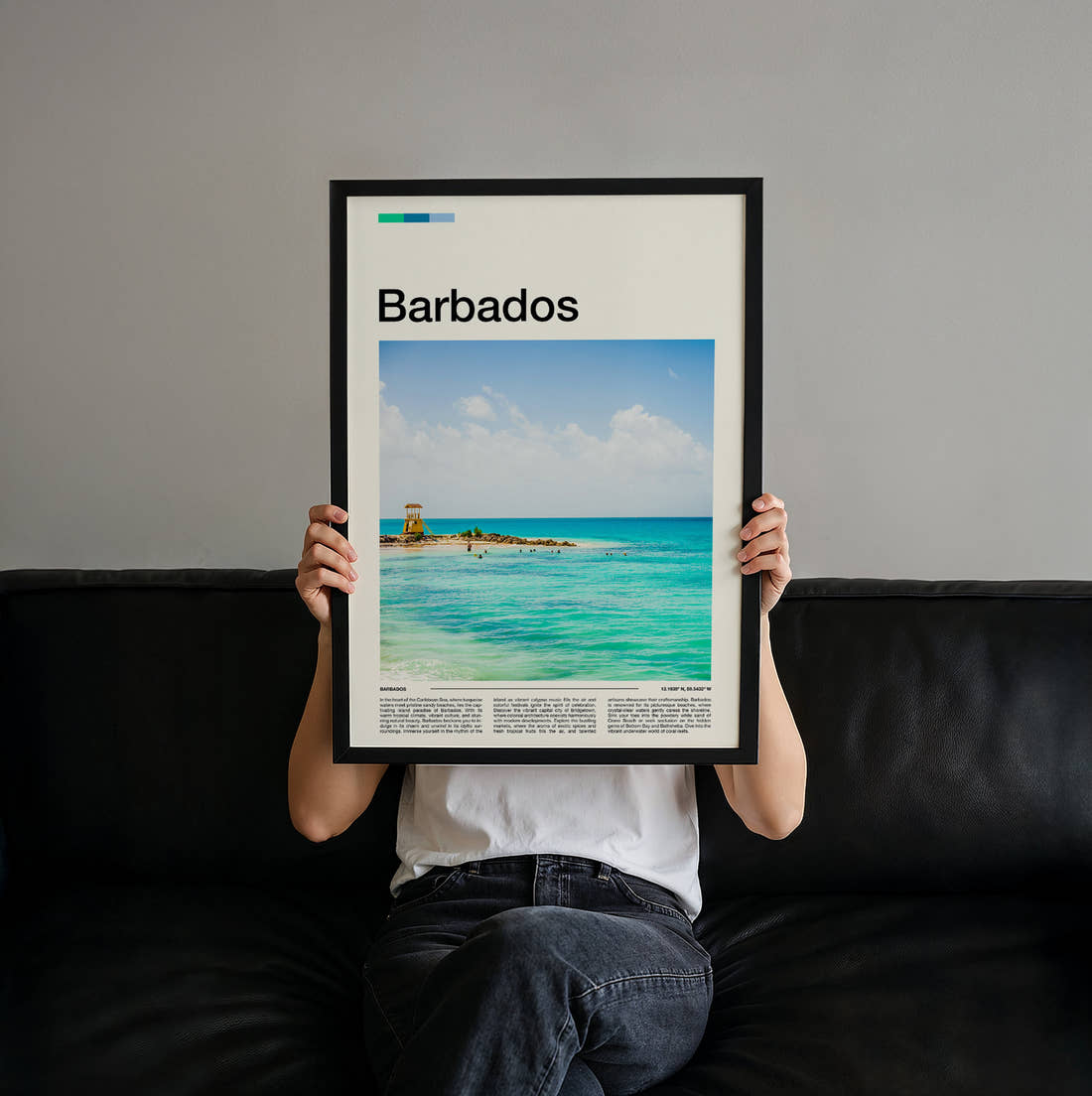 Barbados Turquoise Sea Travel Print held up by hand to show the size of the print