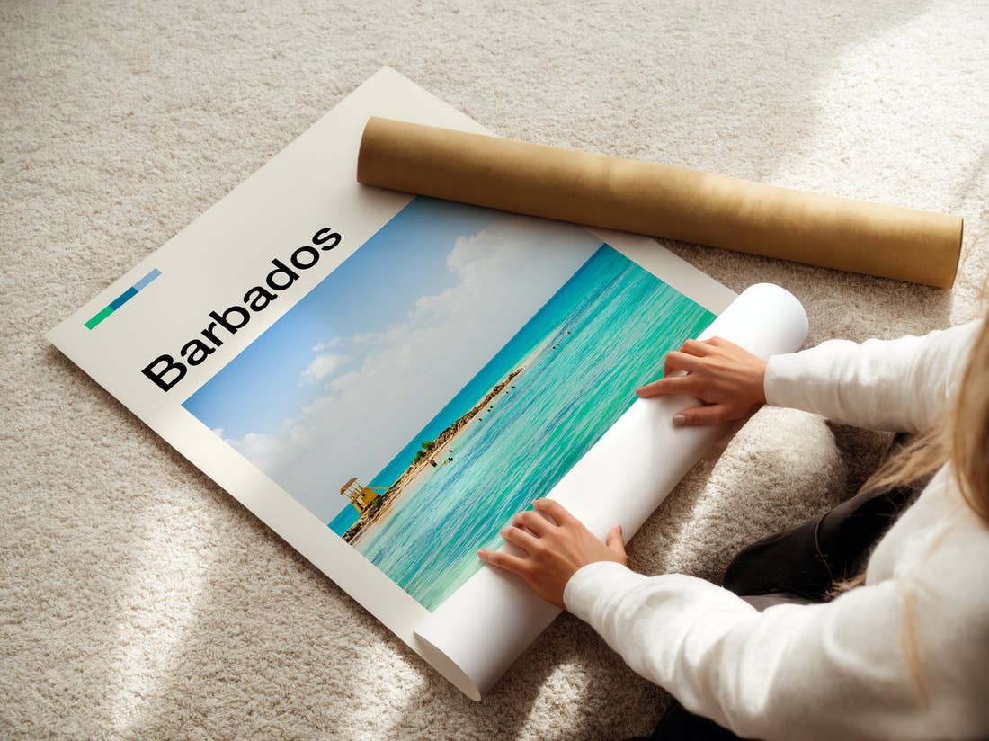 Barbados Turquoise Sea Travel Print being unrolled from its postal tube