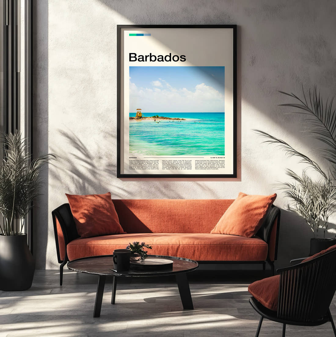 Barbados Turquoise Sea Travel Print framed on the wall of a modern living room