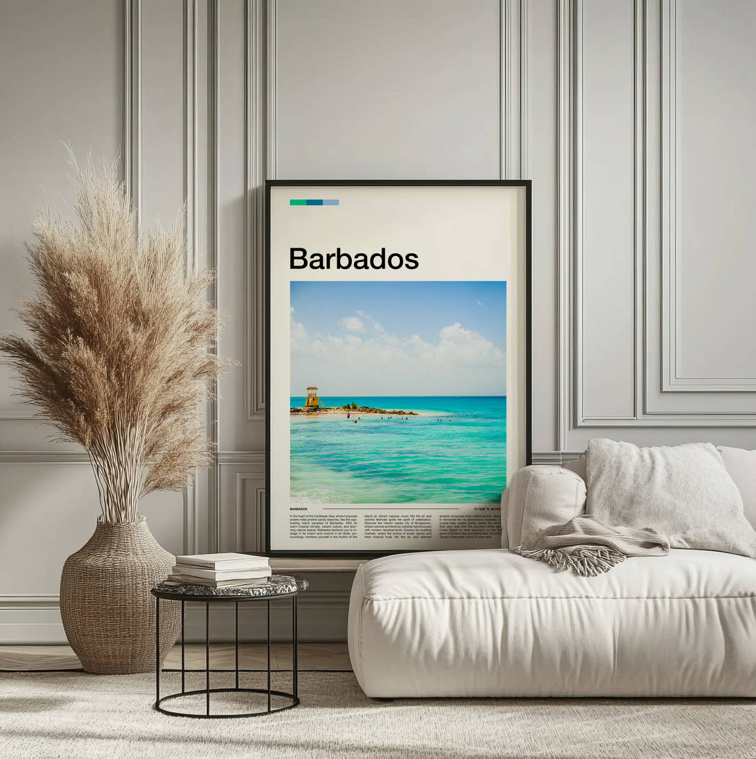 Barbados Turquoise Sea Travel Print framed on the wall of a calm, neutral bedroom