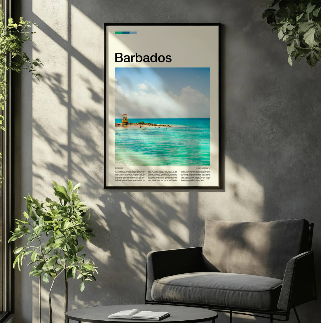 Barbados Turquoise Sea Travel Print framed on the wall of a relaxed living room