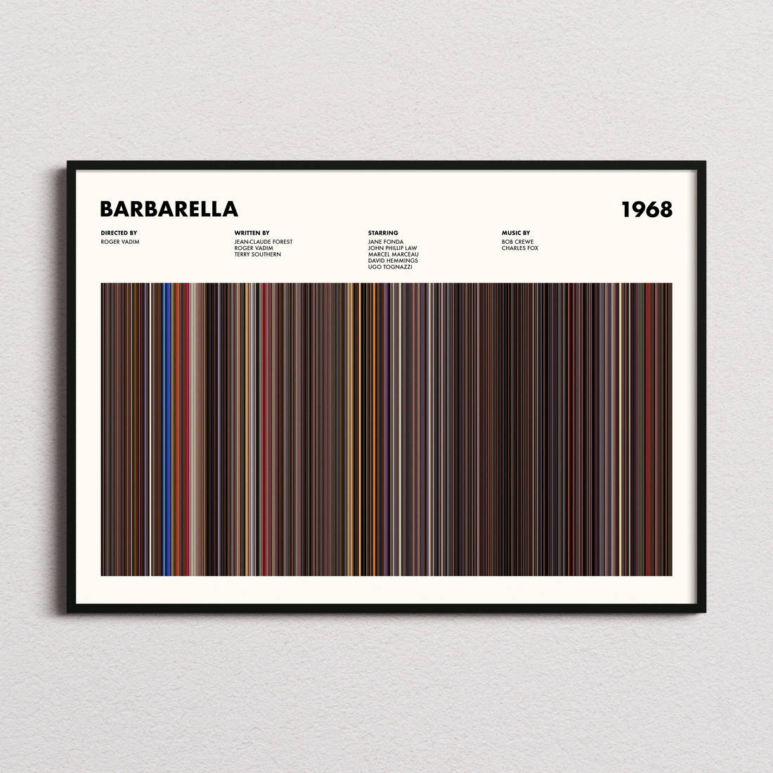 Barbarella Movie Barcode Poster framed and photographed straight on