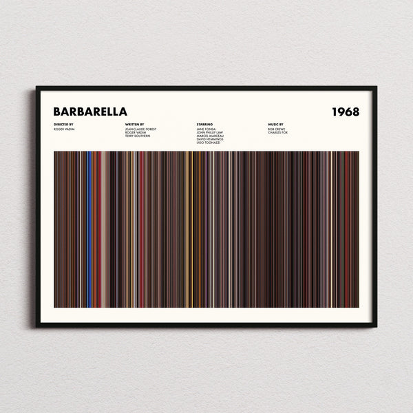 Barbarella Movie Barcode Poster framed and photographed straight on