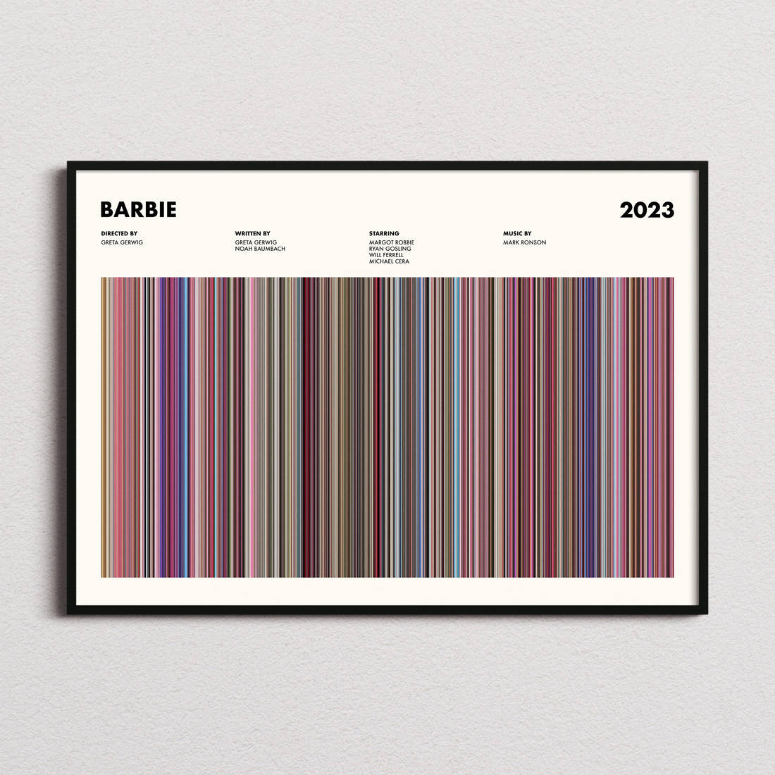 Barbie Movie Barcode Poster framed and photographed straight on