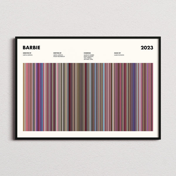 Barbie Movie Barcode Poster framed and photographed straight on