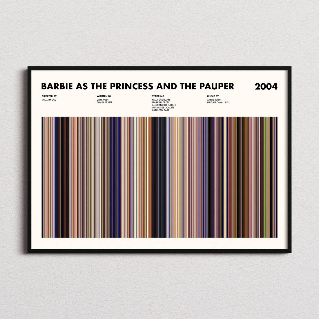 Barbie as the Princess and the Pauper Movie Barcode Poster framed and photographed straight on