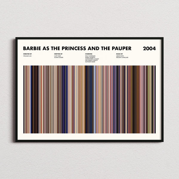 Barbie as the Princess and the Pauper Movie Barcode Poster framed and photographed straight on