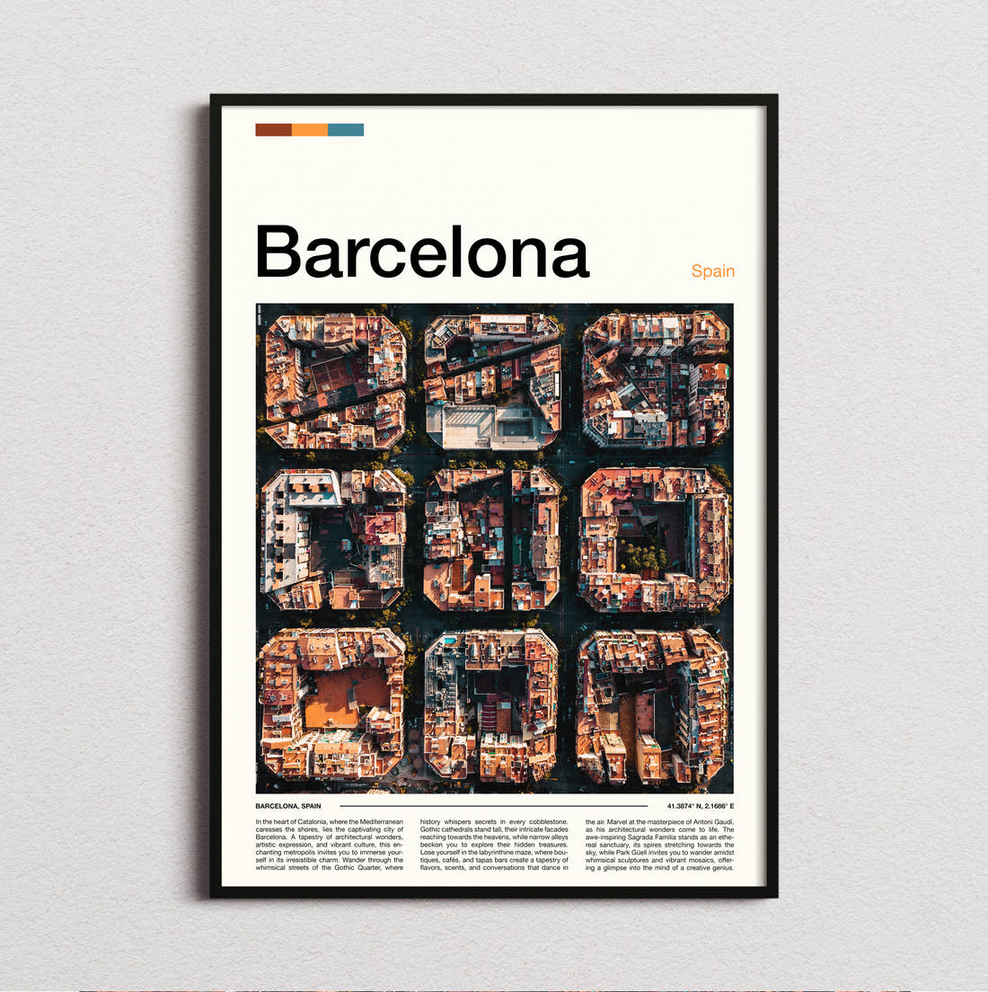 Barcelona Eixample Grid From Above Travel Print framed and photographed straight on