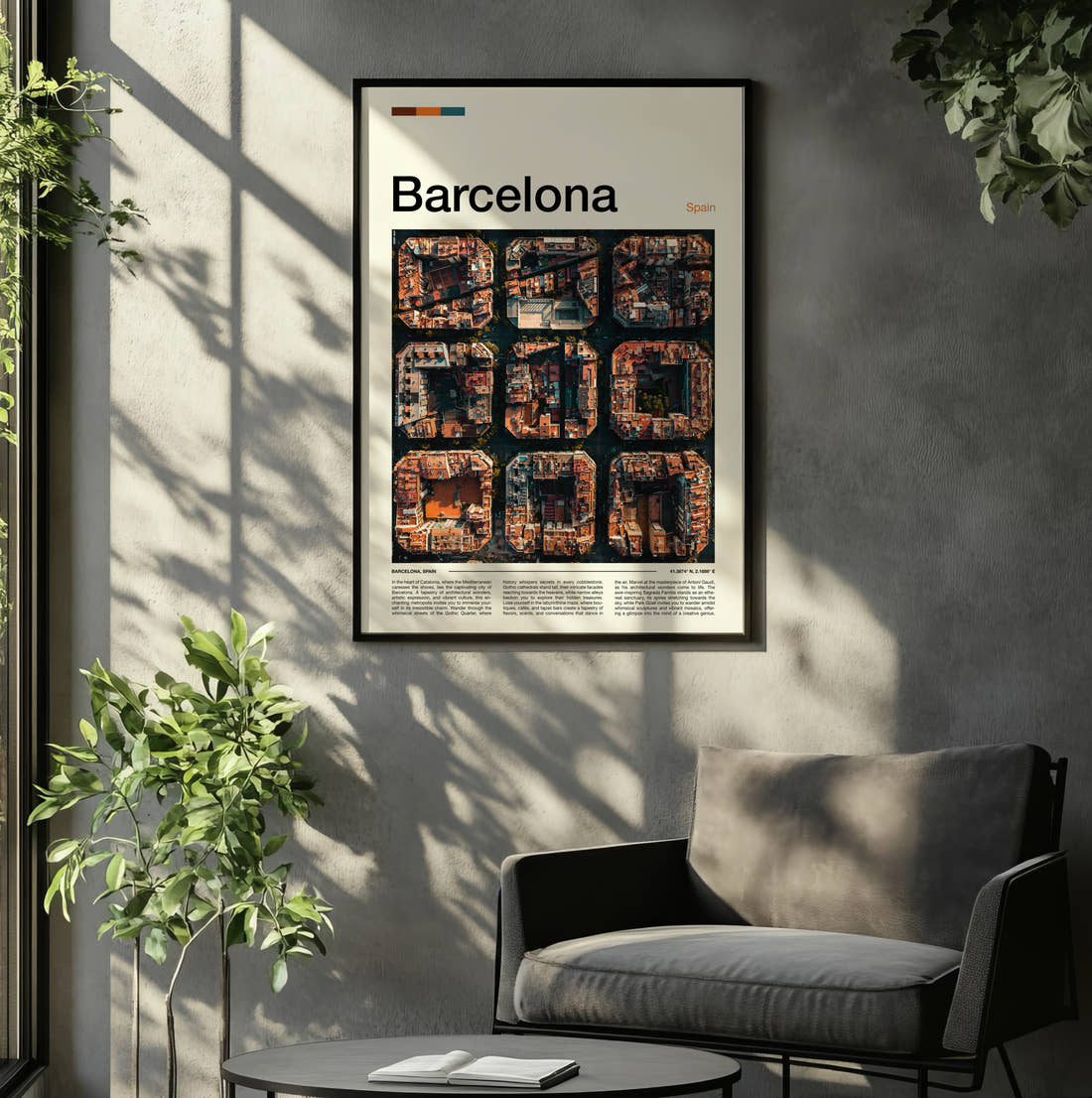 Barcelona Eixample Grid From Above Travel Print framed on the wall of a relaxed living room