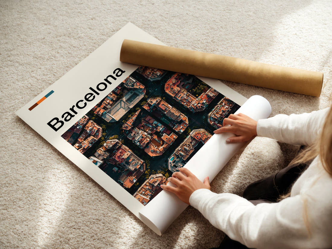 Barcelona Eixample City Blocks Travel Print being unrolled from its postal tube