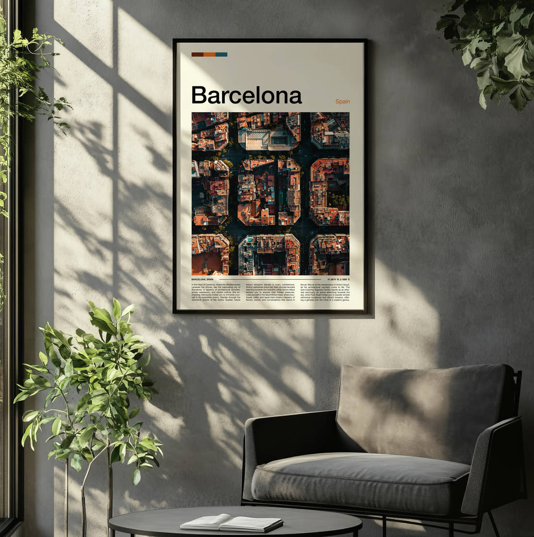 Barcelona Eixample City Blocks Travel Print framed on the wall of a relaxed living room
