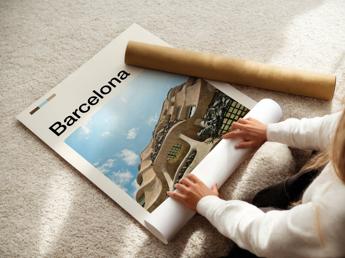 Barcelona Casa Mila Travel Print being unrolled from its postal tube