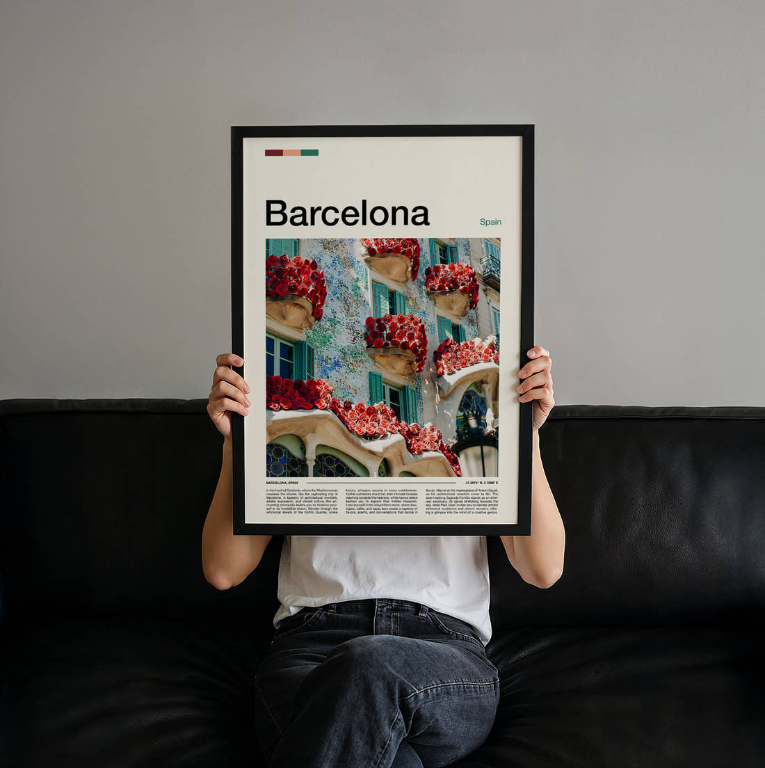Barcelona Casa Batllo With Roses Travel Print held up by hand to show the size of the print
