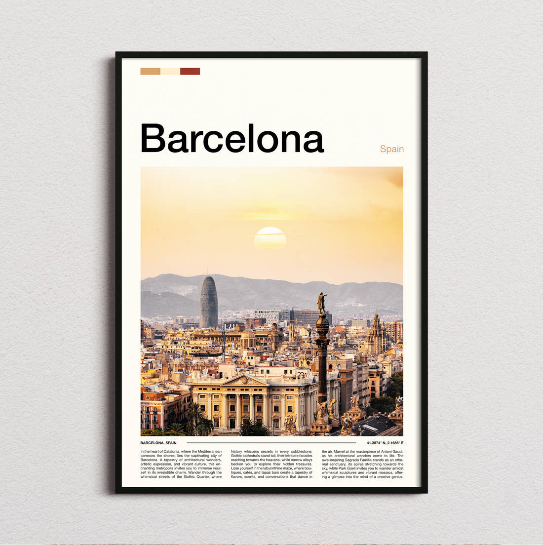 Barcelona Sunset Over The City Travel Print framed and photographed straight on