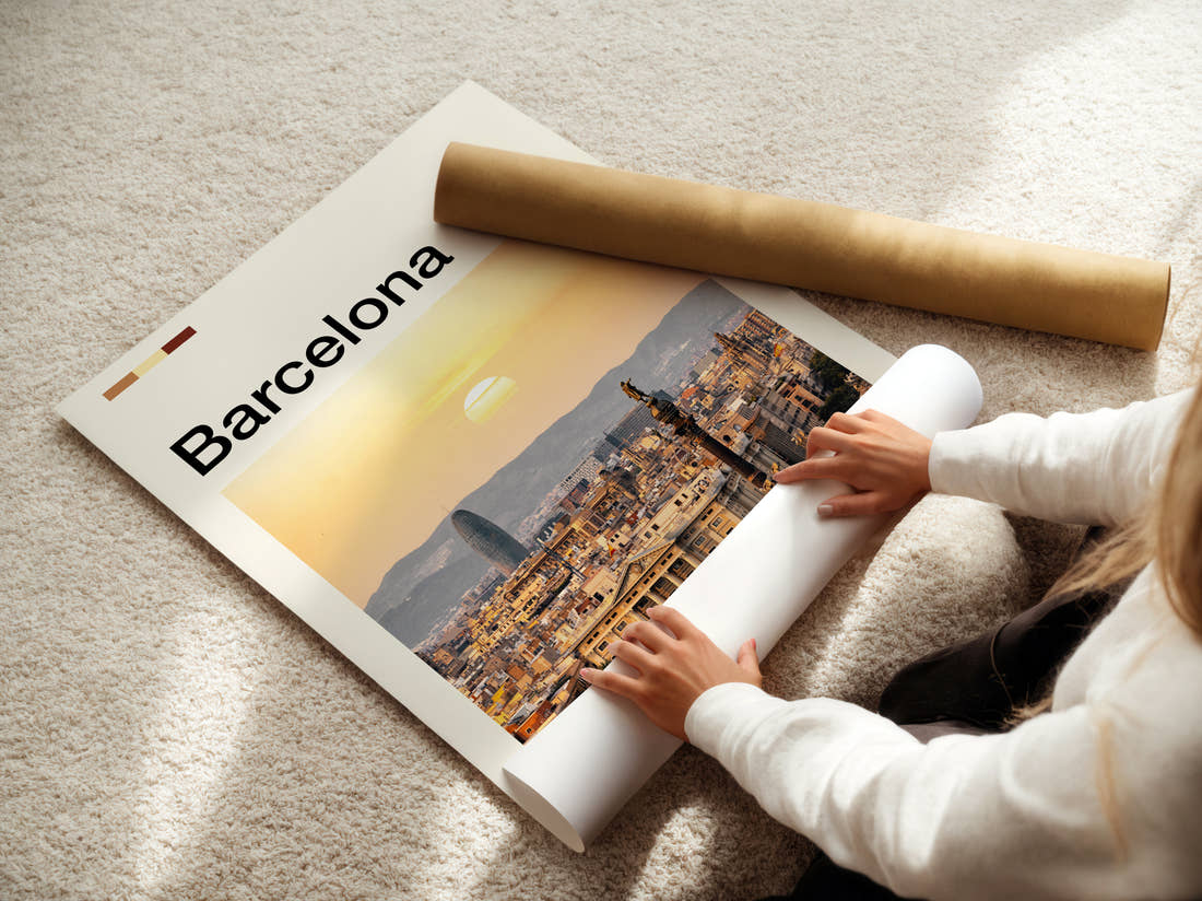 Barcelona Sunset Over The City Travel Print being unrolled from its postal tube