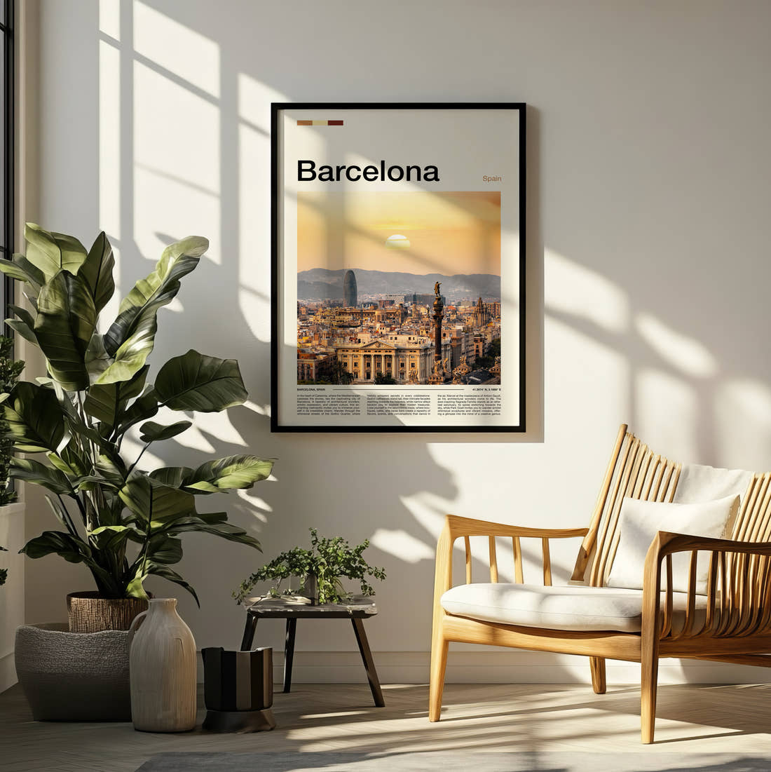 Barcelona Sunset Over The City Travel Print framed on a pale wall beside houseplants