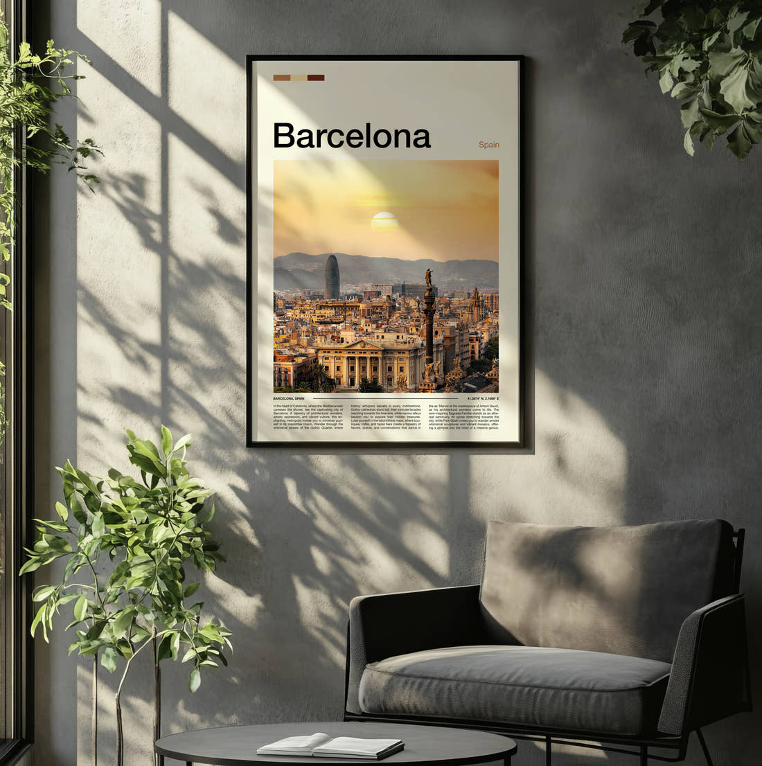 Barcelona Sunset Over The City Travel Print framed on the wall of a relaxed living room