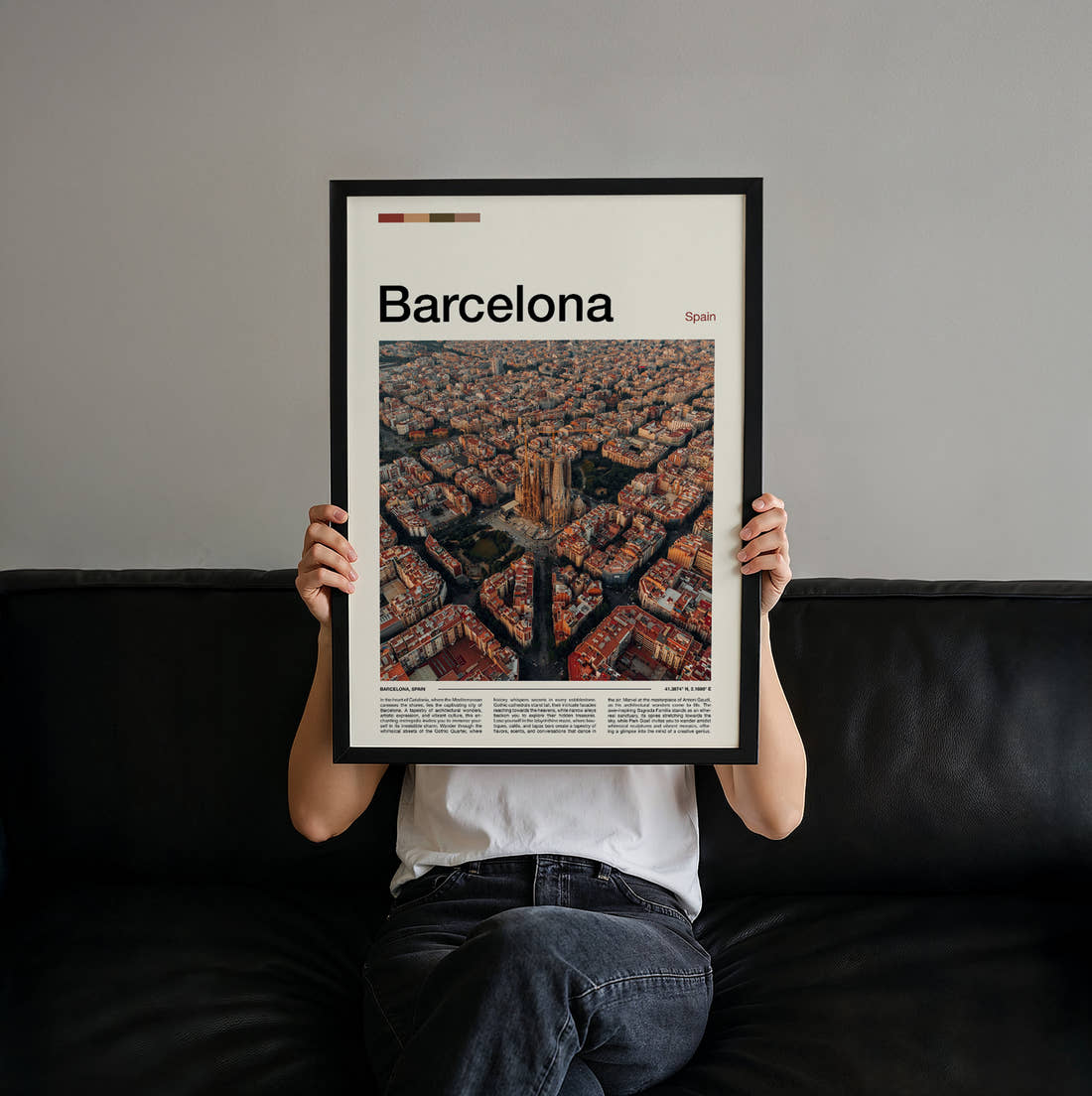 Barcelona Octagonal City Blocks Travel Print held up by hand to show the size of the print