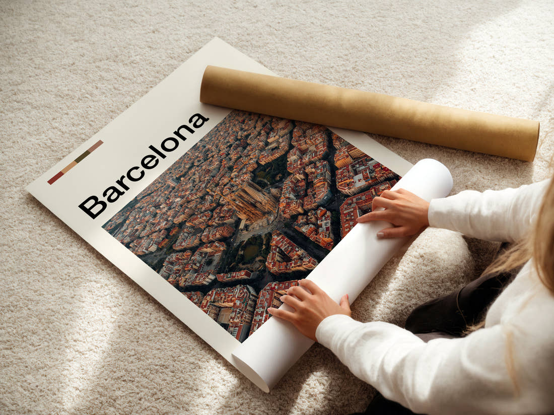 Barcelona Octagonal City Blocks Travel Print being unrolled from its postal tube