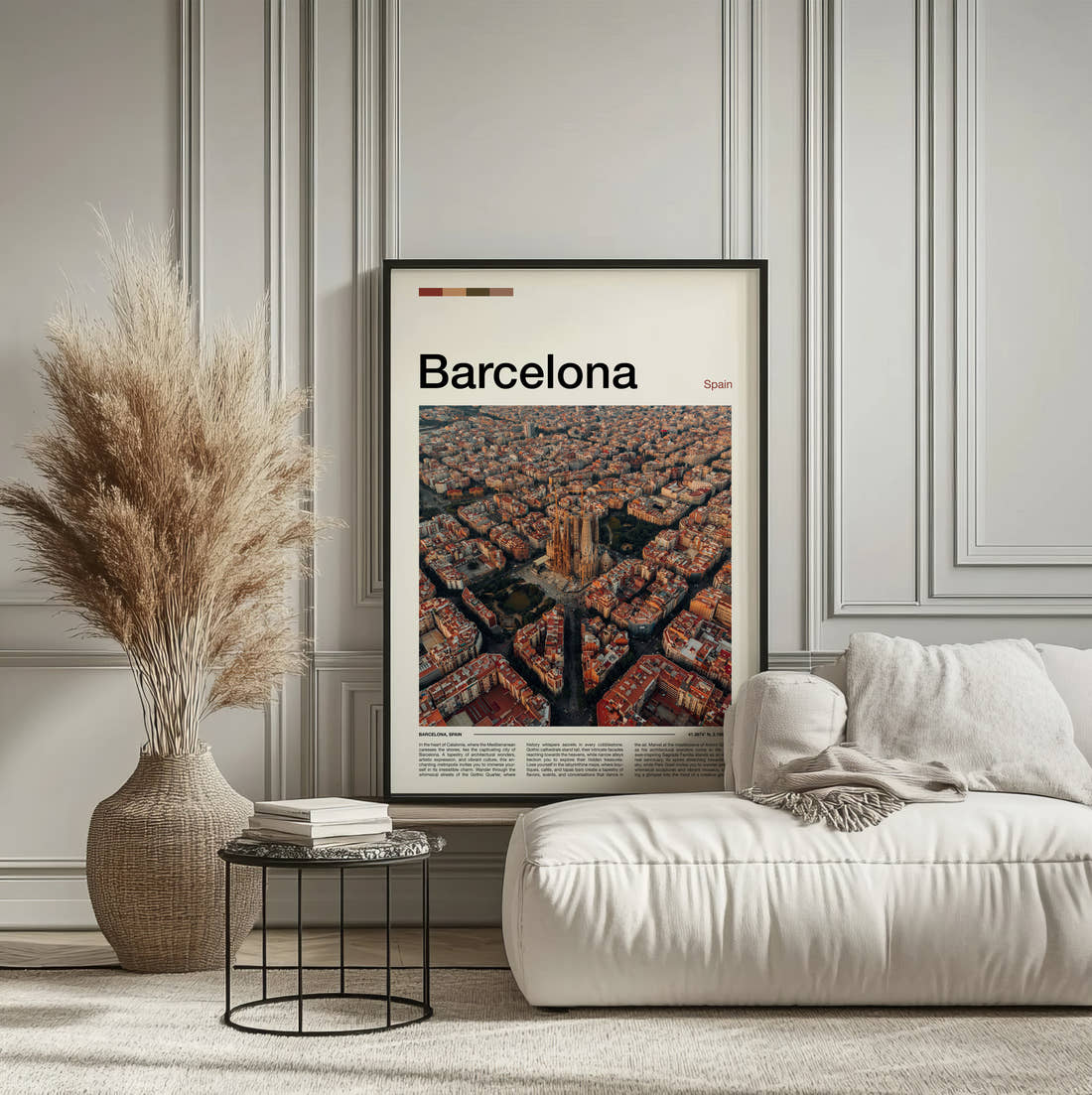 Barcelona Octagonal City Blocks Travel Print framed on the wall of a calm, neutral bedroom