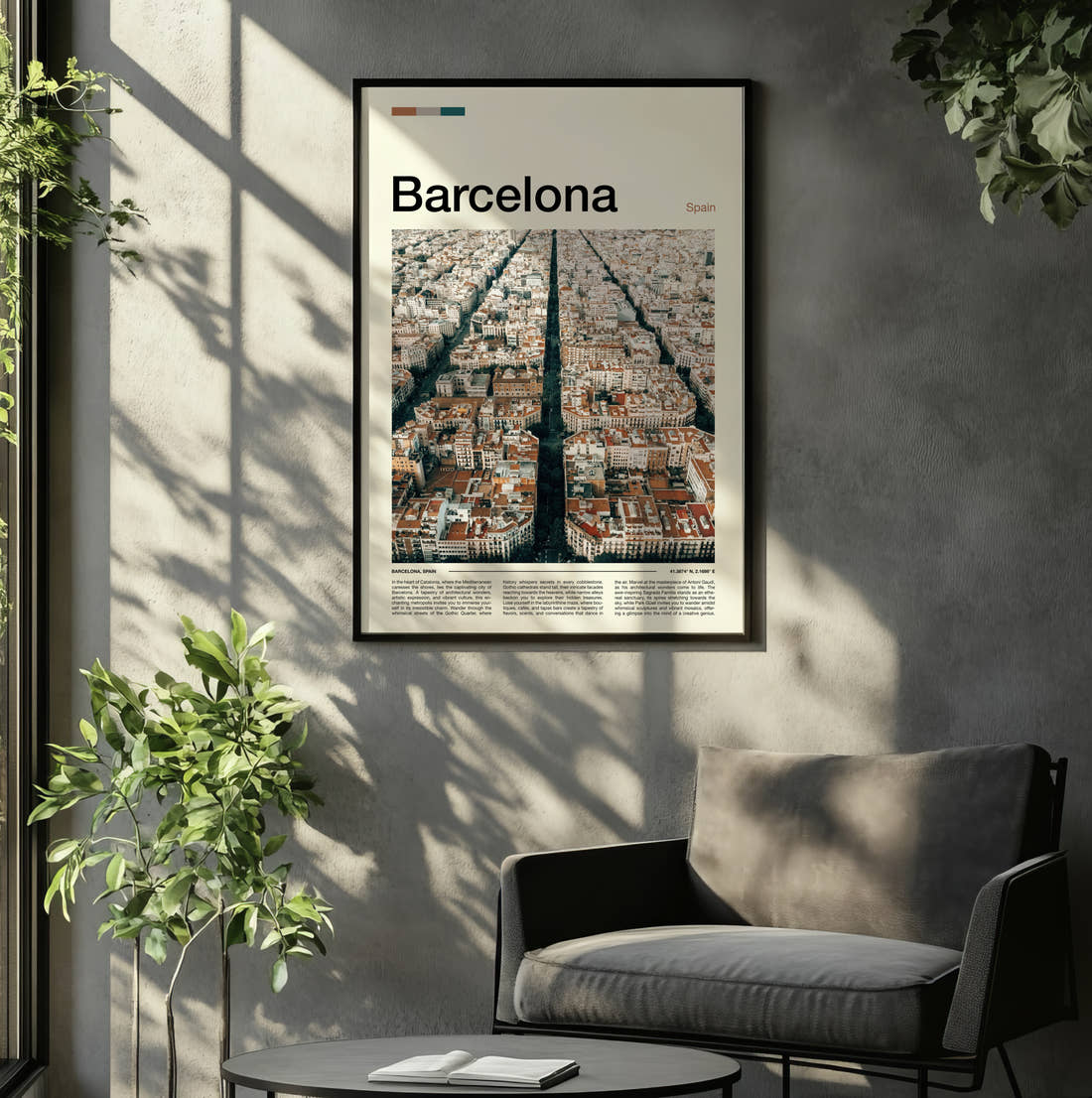 Barcelona Eixample Aerial View Travel Print framed on the wall of a relaxed living room