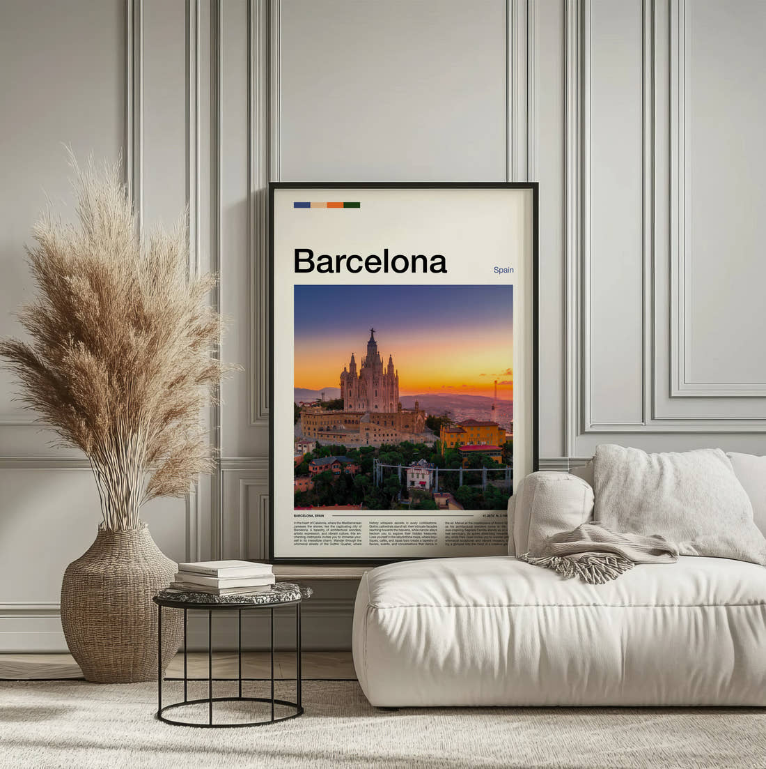 Barcelona Tibidabo Church Travel Print framed on the wall of a calm, neutral bedroom