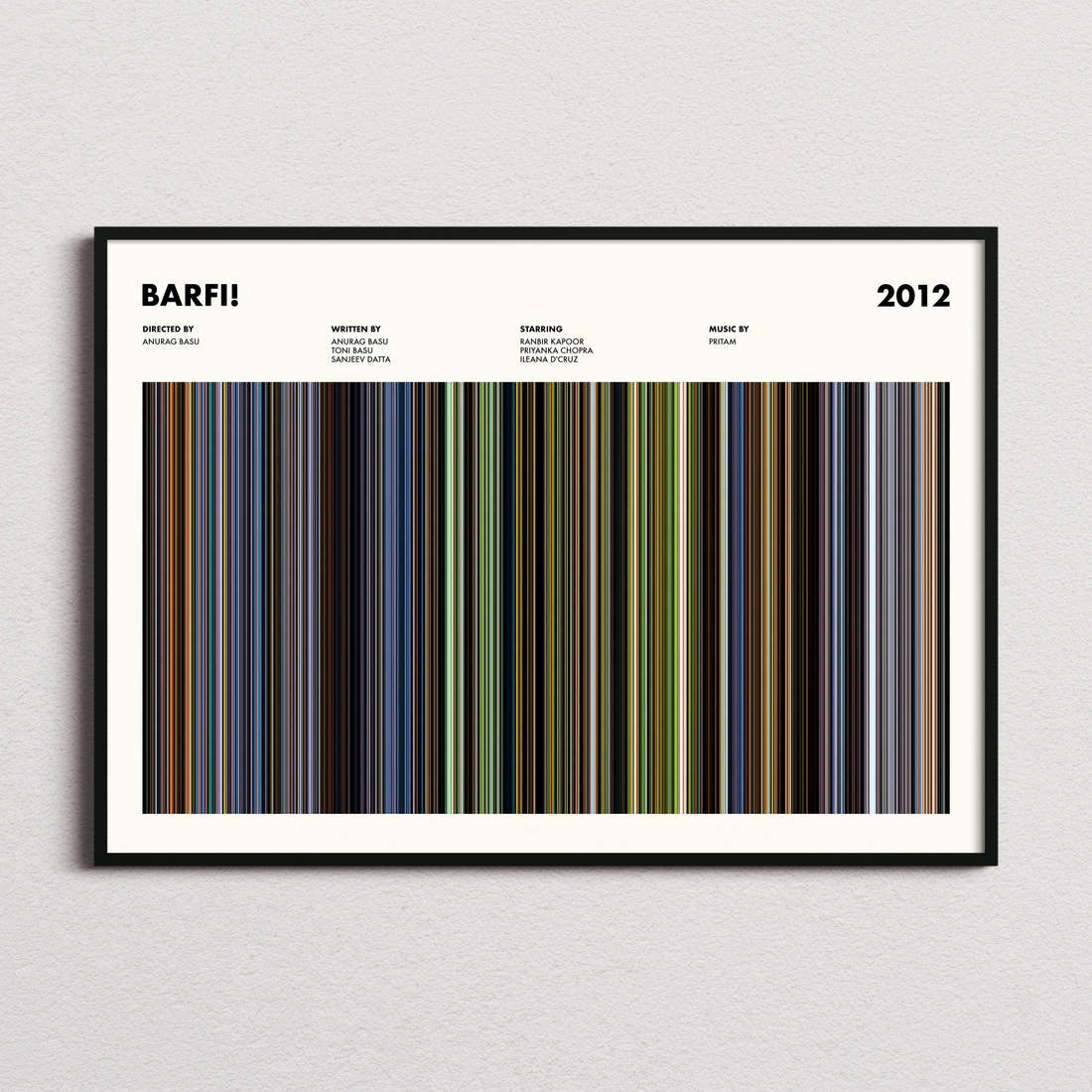 Barfi! Movie Barcode Poster framed and photographed straight on