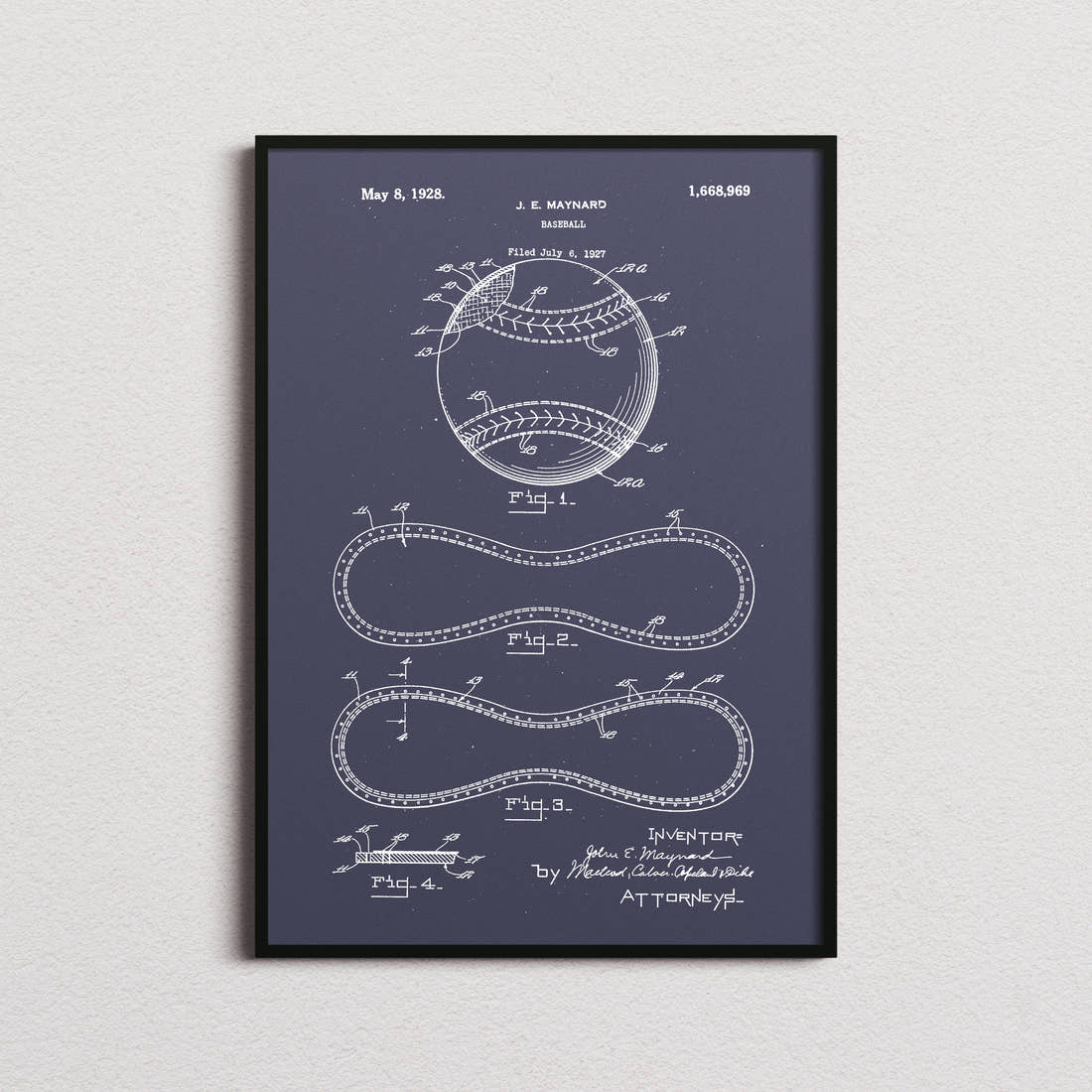 Baseball Patent Print in the navy colourway, framed