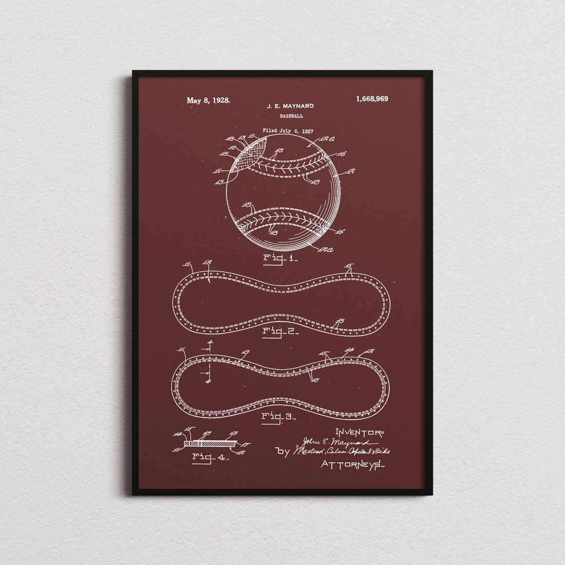 Baseball Patent Print in the burgundy colourway, framed