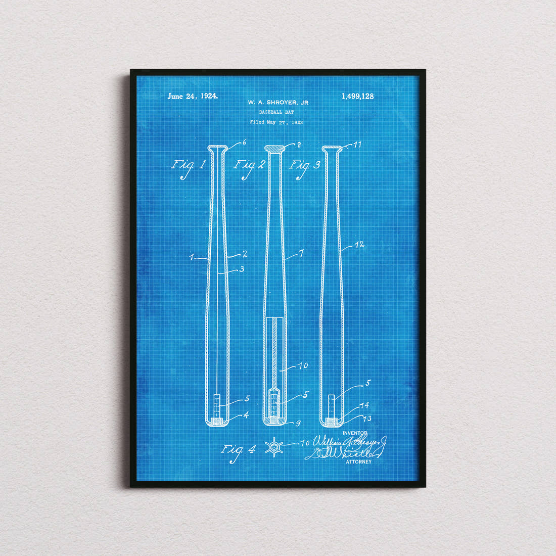 Baseball Bat Patent Print in the blueprint colourway, framed