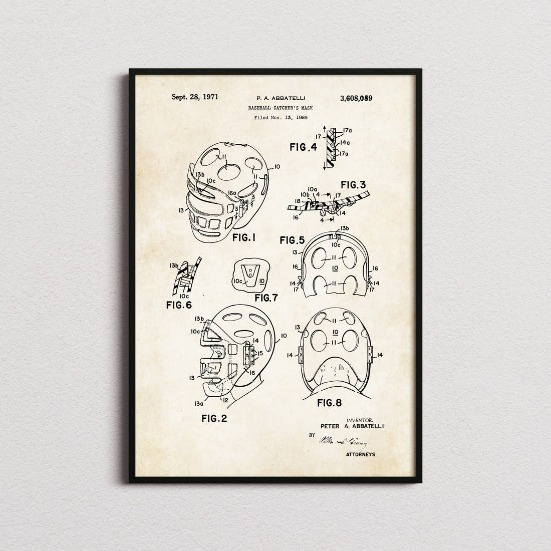 Baseball Catchers Mask Patent Print in the aged paper colourway, framed
