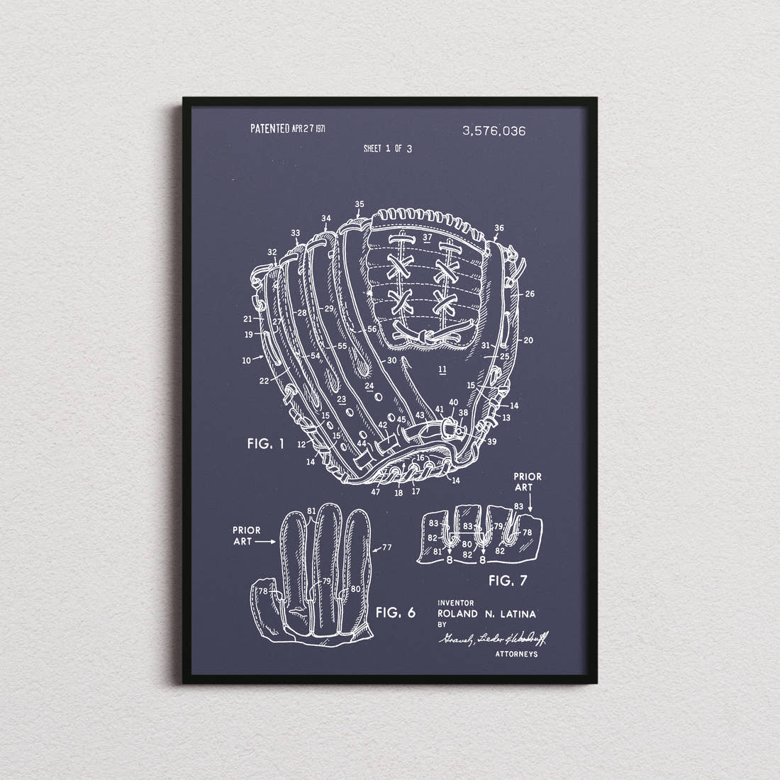 Baseball Glove Patent Print in the navy colourway, framed