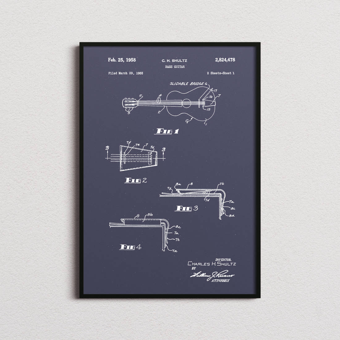 Bass Guitar Patent Print in the navy colourway, framed