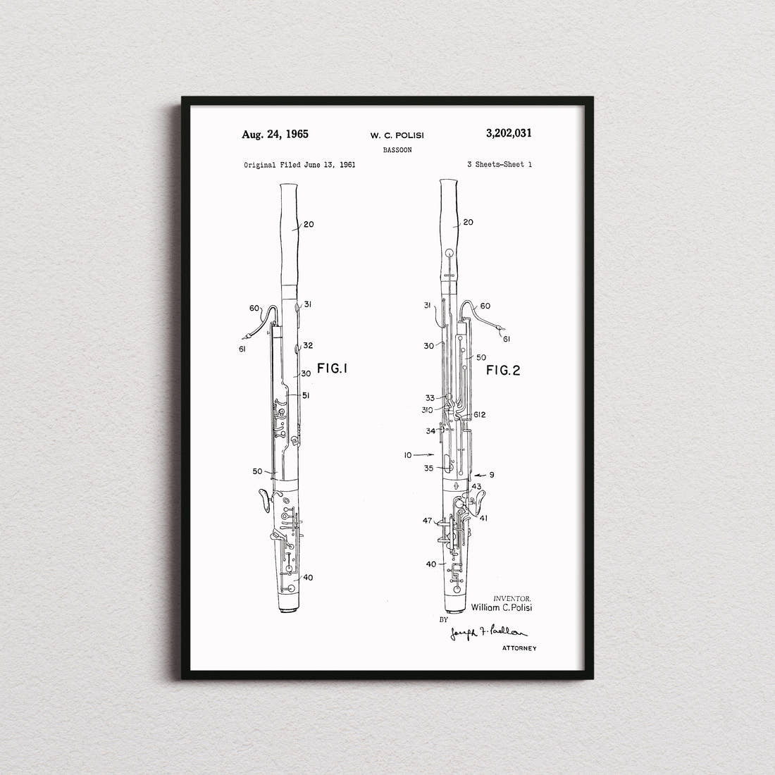 Bassoon Patent Print in the white colourway, framed
