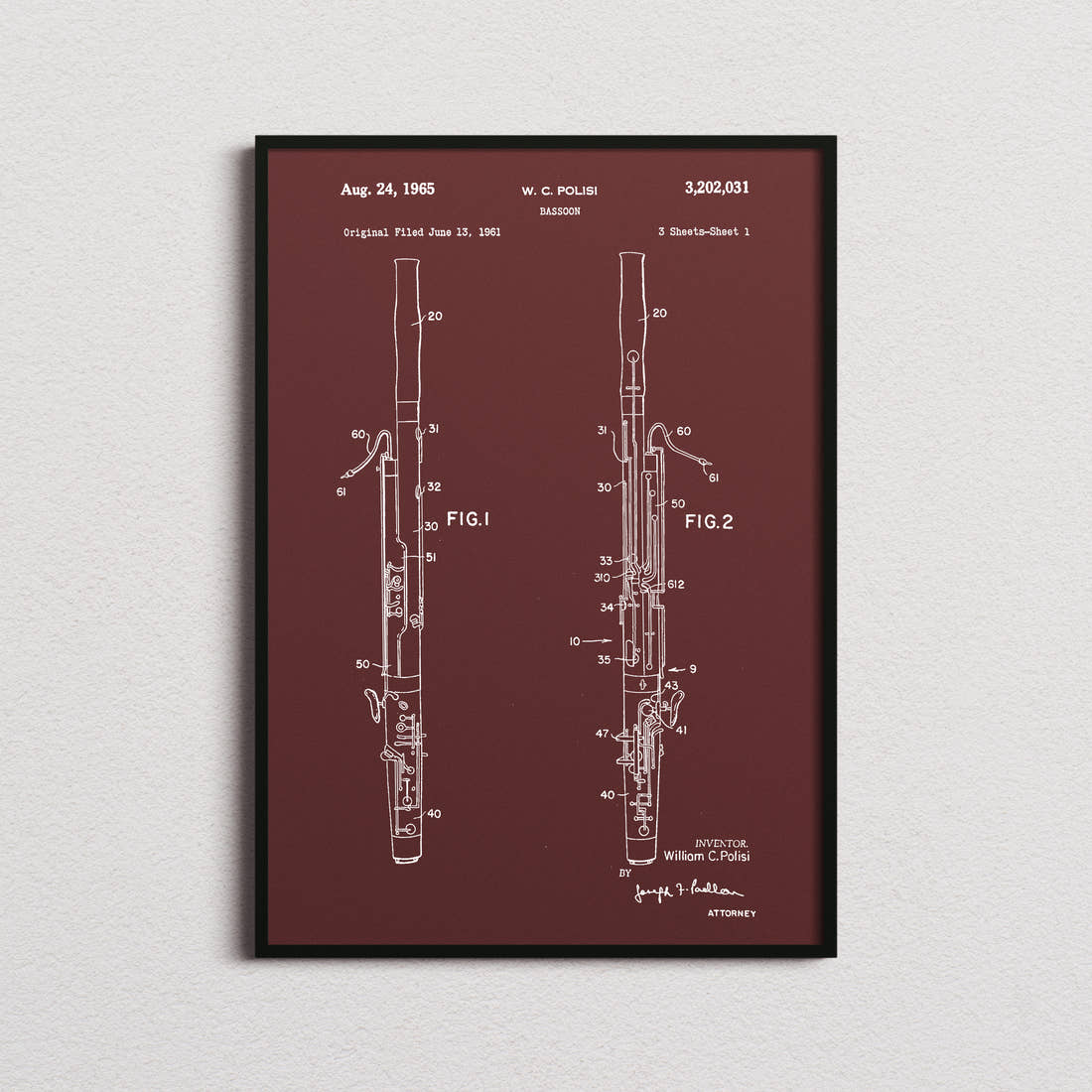 Bassoon Patent Print in the burgundy colourway, framed