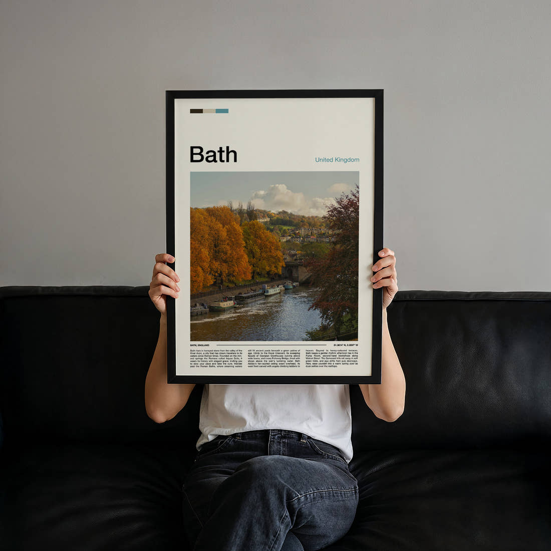 Bath Autumn River View Travel Print held up by hand to show the size of the print