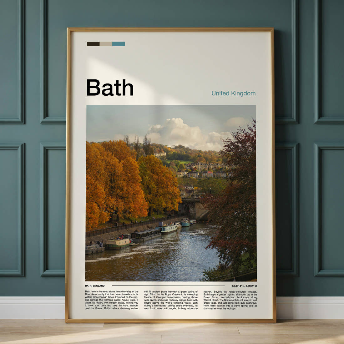 Bath Autumn River View Travel Print framed on the wall of a calm, neutral bedroom