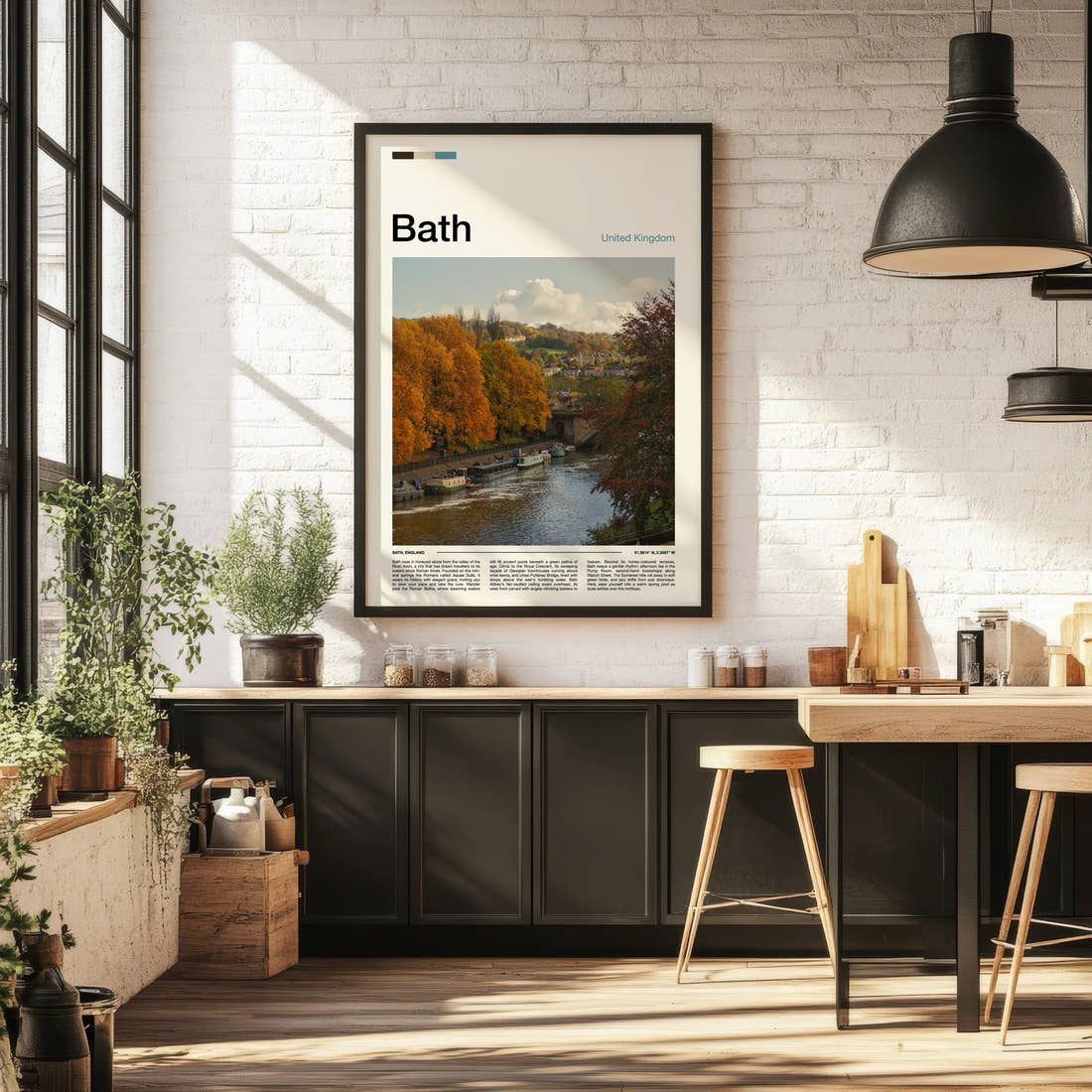 Bath Autumn River View Travel Print framed on the wall of a bright kitchen and dining space